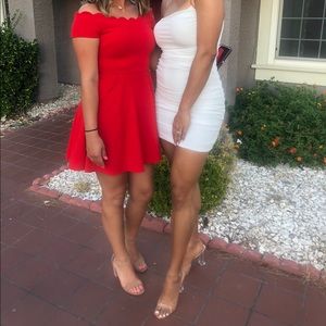 Red dress. Can be worn off the shoulder.